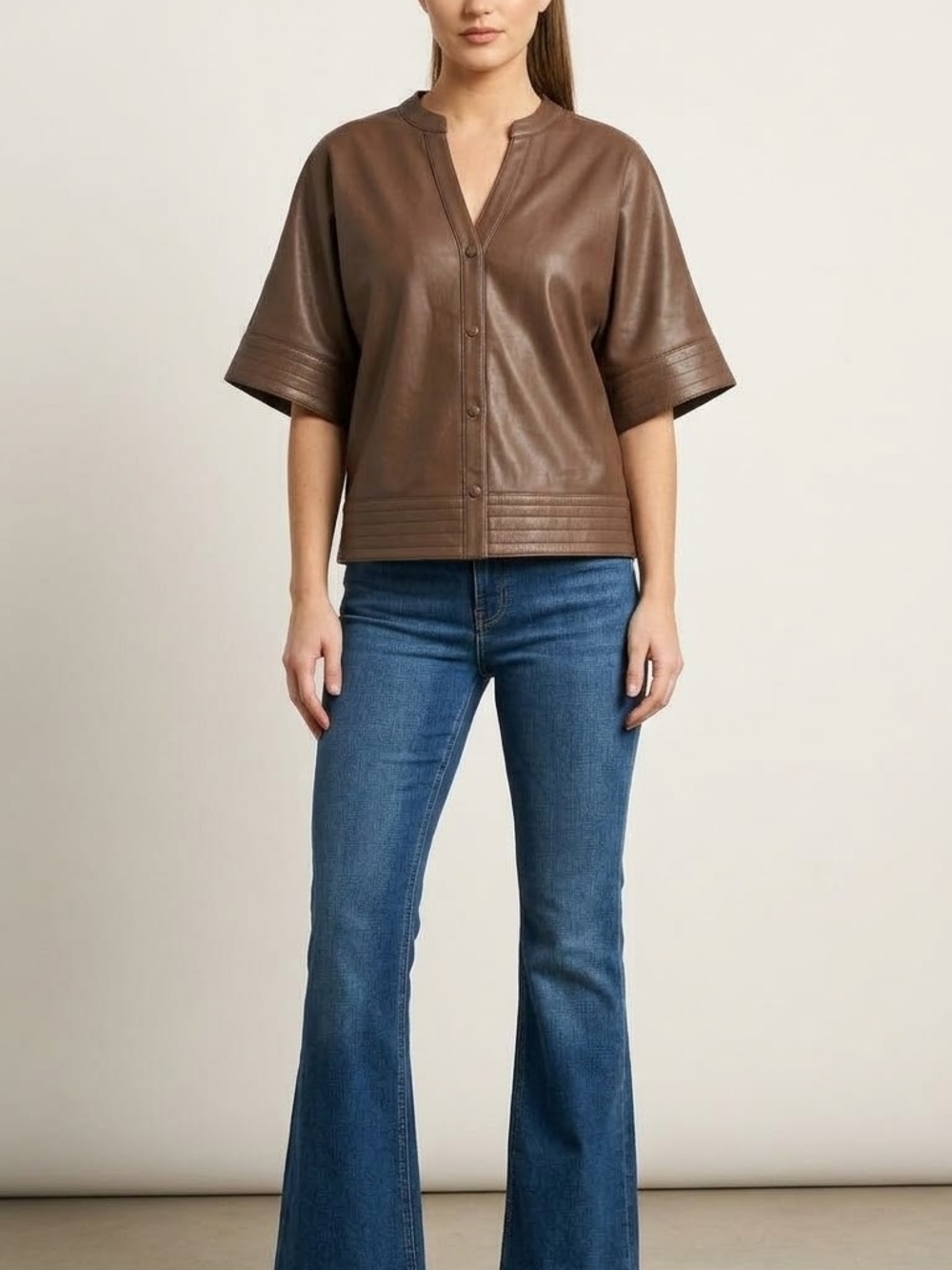Brown Short-Sleeve Leather Jacket/top Faux Leather